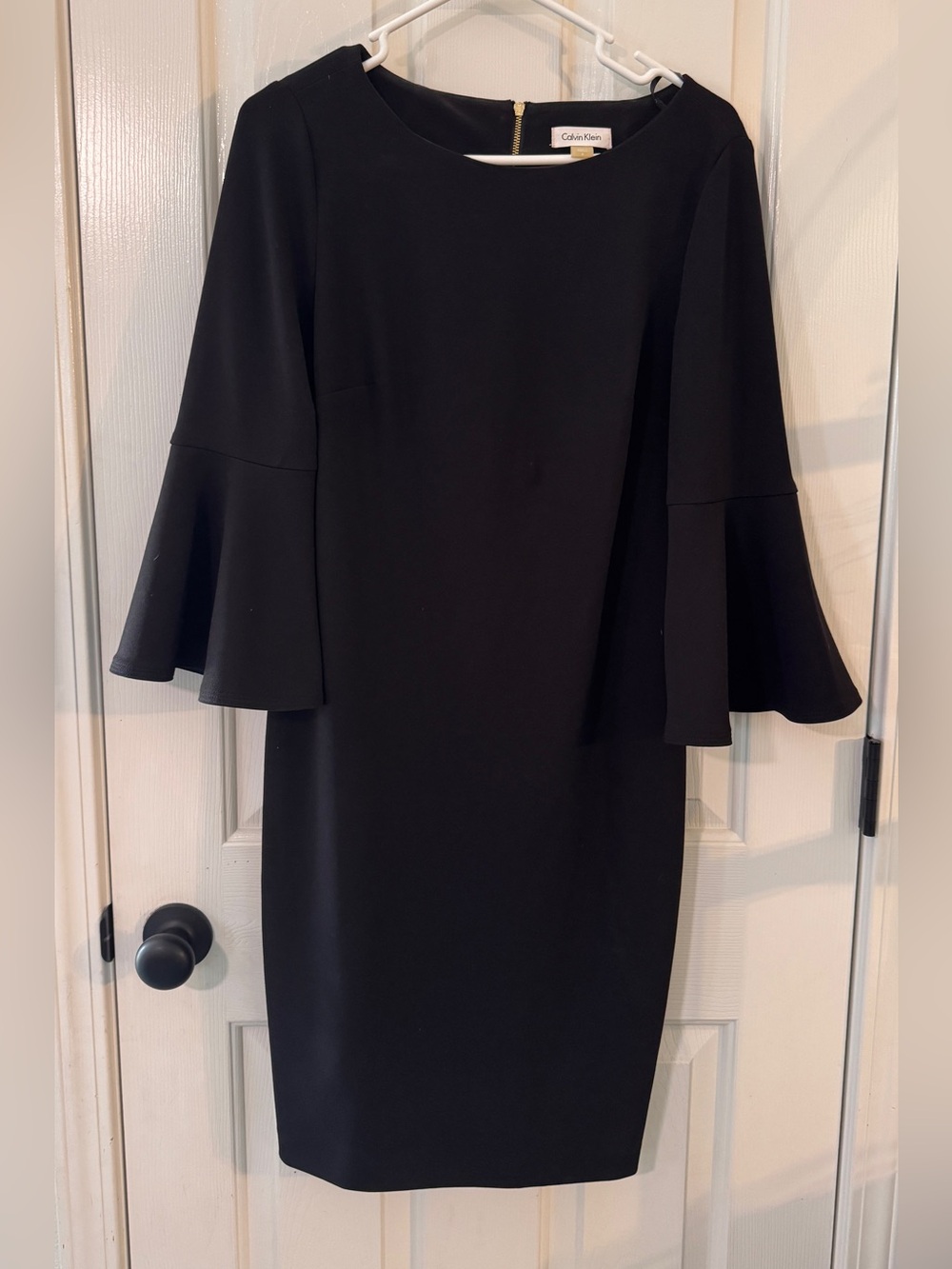 Calvin Klein Black Midi Dress with Fluted Bell Sleeves